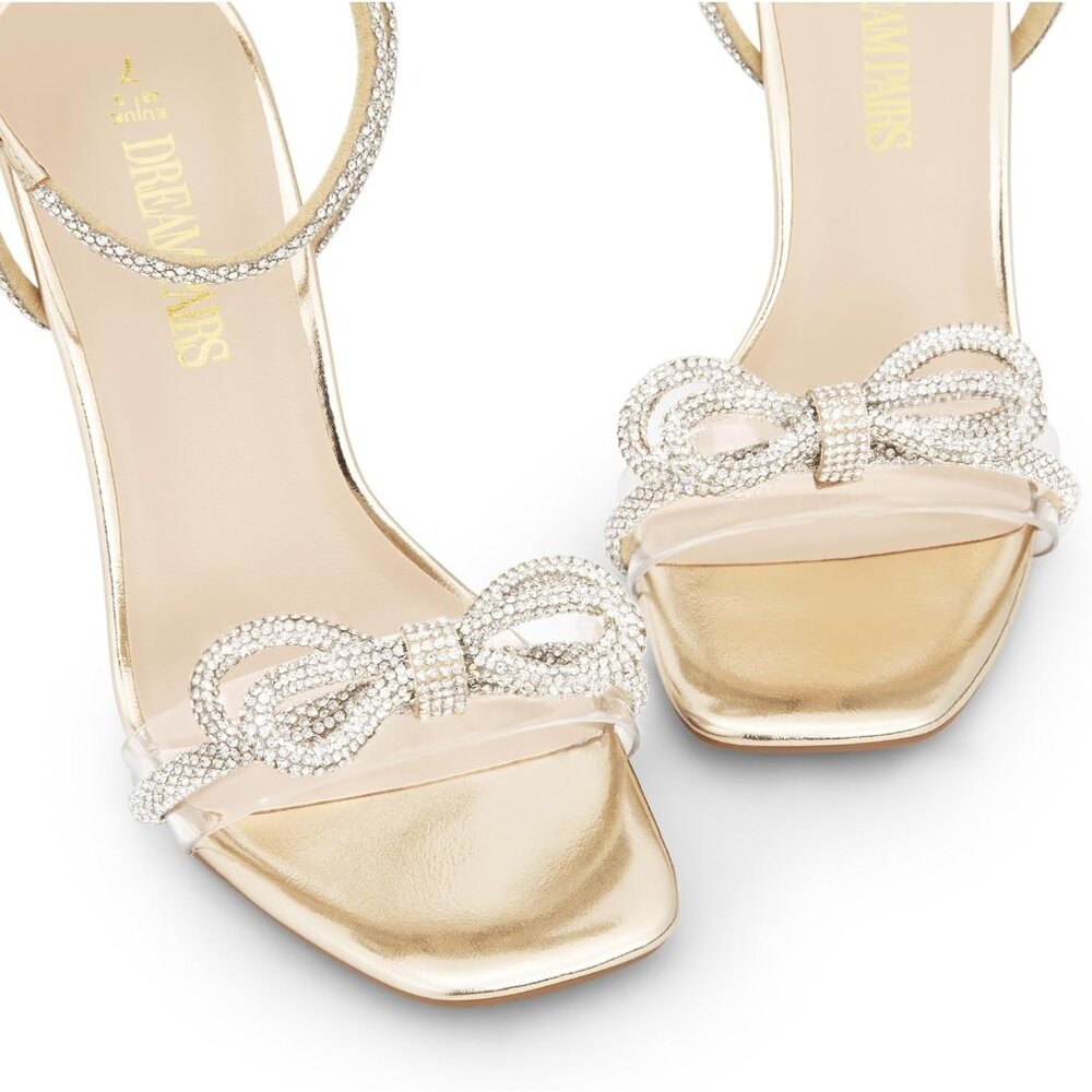 Women's Gold-pu Double Bow Knots Crystal Sandals Clear Square Slingback Heels - Picture 7 of 7